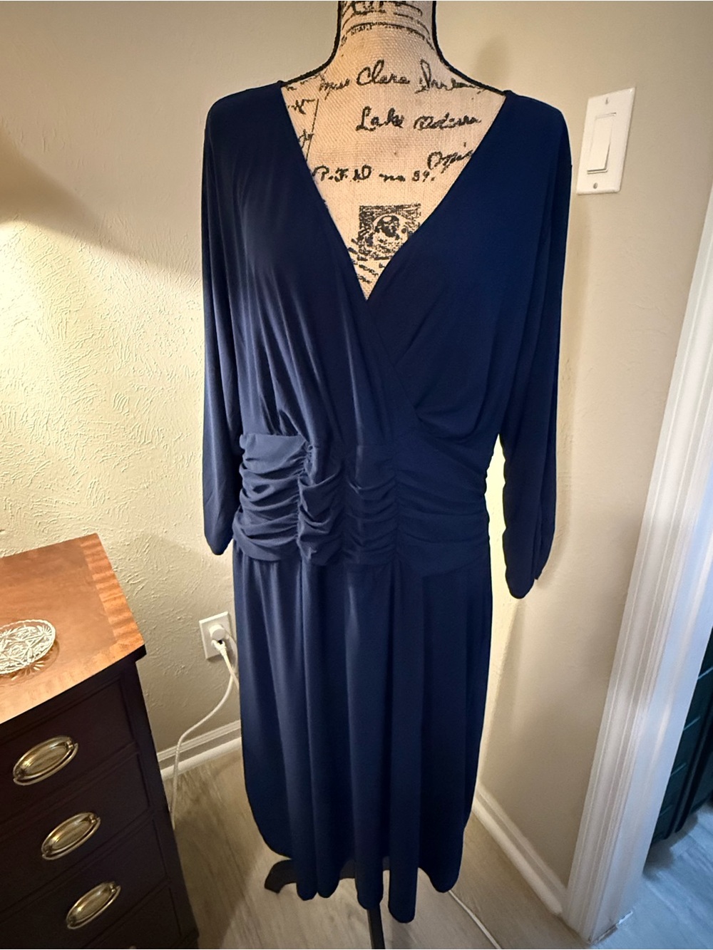 NY Collection Deep V Navy Ruched Waist Midi Dress-Brand New